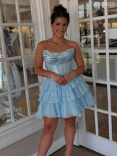 Gorgeous Blue Pleats Strapless A-line Short Mini Dress Homecoming Dress